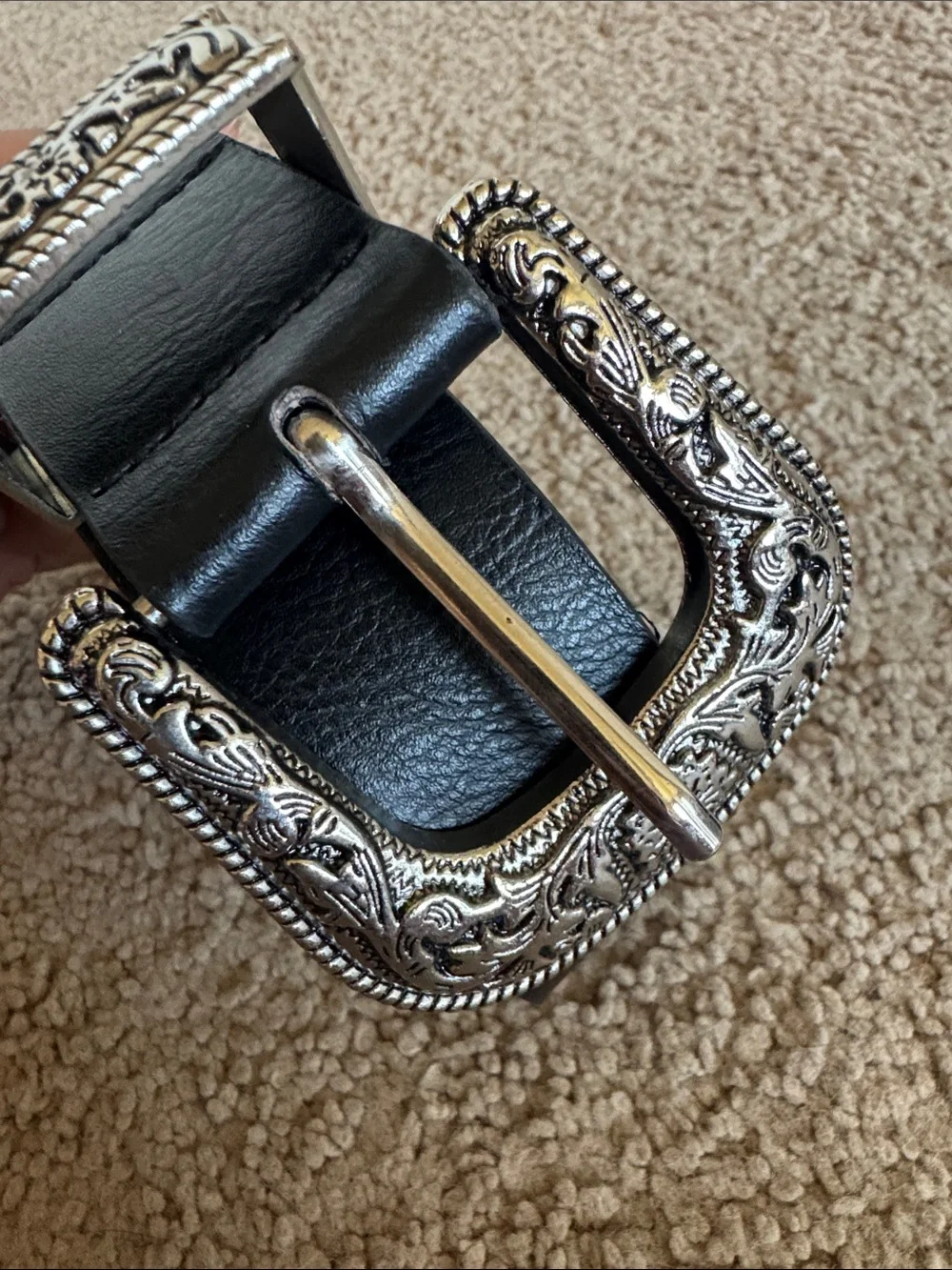 Black Leather Belt with Ornate Silver Buckle